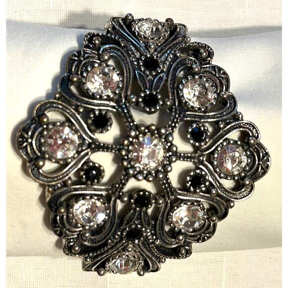 Statement Filigree Bracelet Clear and Black Stones on Silver Tone Hinged Clamper - Picture 2 of 10